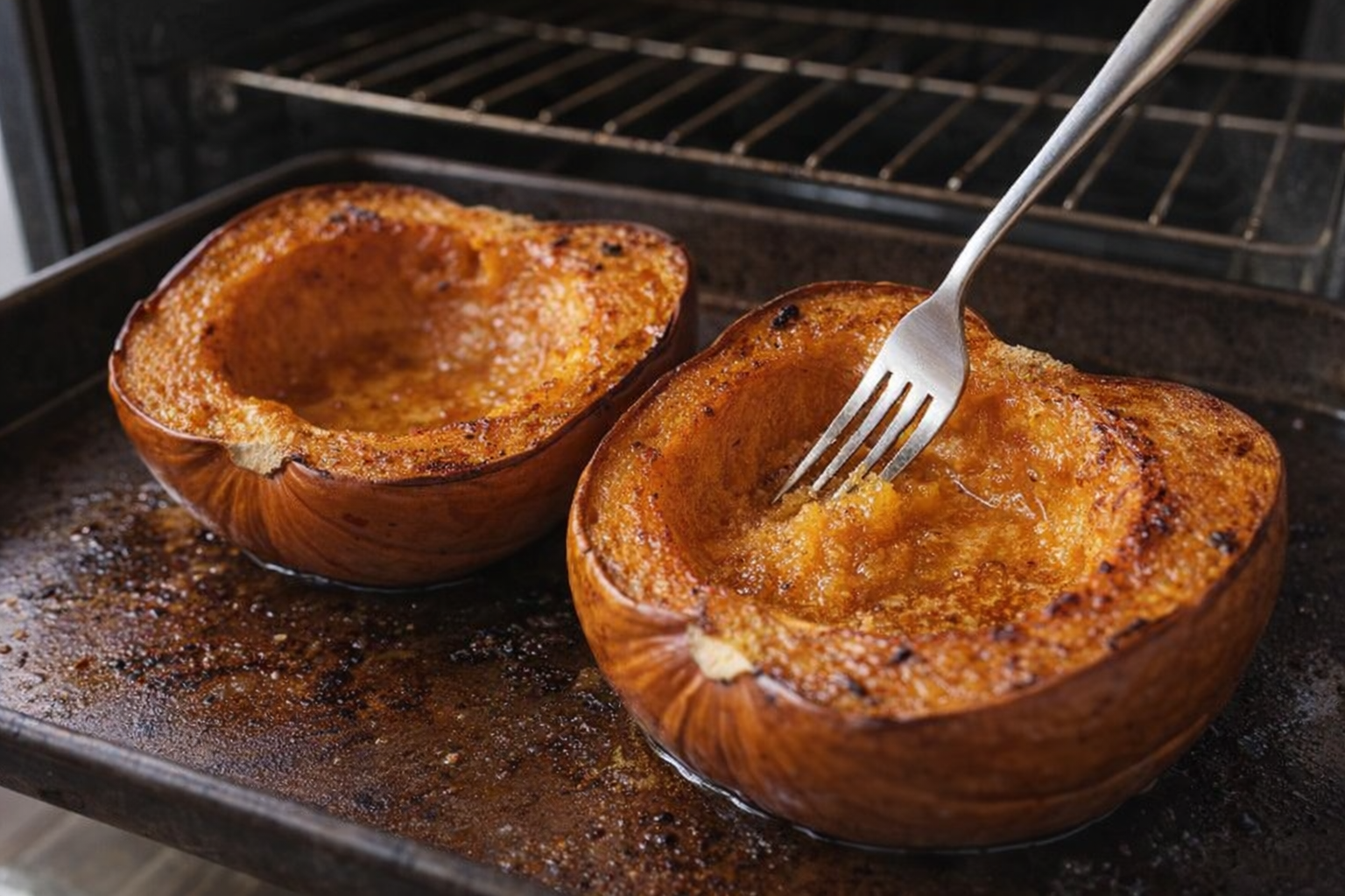 Roasted pumpkin halves on a baking sheet, golden brown, fork piercing the soft flesh, oven rack visible in the background